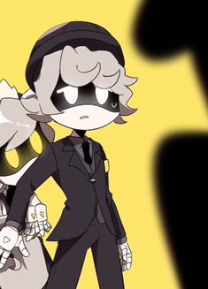 an anime character in a suit and tie holding onto another character's arm with their shadow behind them