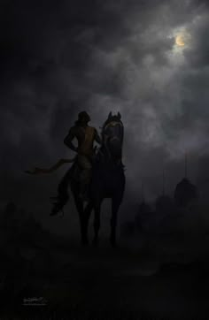 a man riding on the back of a black horse under a cloudy sky at night