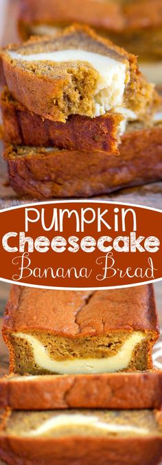 pumpkin cheesecake banana bread is cut in half and stacked on top of each other