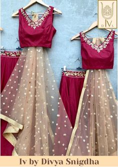 Burgundy/ Wine bridesmaid lengha choli dress with with a contrast champagne embroidered dupatta. The lehenga choli is a custom made garment which include the blouse, lehenga(skirt) and the dupatta (stole). Skirt and blouse are in silk and stole material is net. It can be customised in any color of your choice. Blouse length can be made according to your measurements, it can be short or long. Upon order confirmation, we will send you a measurement form which you will need to fill in inches, so th Silk Lengha, Bridesmaid Lengha, Lengha Dress, Bridesmaid Lehengas, Bridesmaid Outfits, Emerald Green Bridesmaid Dresses, Embroidery Indian, Indian Bridesmaid Dresses, Bridesmaid Lehenga