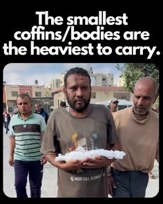 two men standing next to each other in front of a poster that says, the smallest coffins / bodies are the heaviest to carry