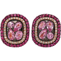 Behold the exquisite Camellia Studs by Ruchi New York, a masterpiece of fine jewelry. A burst of color, these mixed shaped pink sapphires are encased in a delicate halo of brilliant cut diamonds and rubies, creating a harmonious symphony of hues that will leave you breathless. With a total weight of 1.62 carats of pink sapphires, .19 carats of diamonds, and .08 carats of rubies, these studs are a true testament to the artisanal craftsmanship of Ruchi New York. The 18k rose gold settings further Burst Of Color, Pink Sapphire, Brilliant Cut Diamond, Elegant Look, 18k Rose Gold, Halo, Diamond Cuts, Jewelry Collection, Ruby