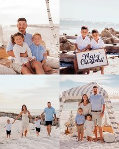 a family is posing on the beach for their christmas card photo session with an umbrella