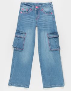 True Religion Joey High Rise Flare Jeans. 5-Pocket Styling. Button Closure Paired With Zipper Fly. Branded Rivets. Allover Rip Details. Pink Stitching. High Rise. Flared Leg Openings. Back Flap Pockets With Horseshoe Embroidery. 65% Cotton 28% Polyester 5% Rayon 2% Spandex. Machine Wash. Imported. | True Religion Joey Girls High Rise Flare Jeans Horseshoe Embroidery, Wide Leg Cargo Jeans, Denim Styling, Overalls Boys, Chino Pants Women, Wwe T Shirts, Graphic Trends, Boys Graphic Tee, Girls Graphic Tee