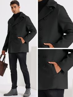 Stay cozy and warm in this men's wool blend pea coat. The pea coat features a soft and comfortable blend of wool and polyester to provide superior insulation while maintaining a lightweight feel. The long sleeves ensure maximum coverage in cold weather and the timeless styling will remain in fashion for years to come. 100% Polyester Button closure Hand Wash Only Winter pea coat is designed with attention to detail to elevates your style and makes you stand out from the crowd. SIZE NECK CHEST WAIST SLEEVE S 14-14½″ 34-36″ 28-30″ 32-33″ M 15-15½″ 38-40″ 32-34″ 33-34″ L 16-16½″ 42-44″ 36-38″ 34-35″ XL 17-17½″ 46-48″ 40-42″ 35-36″ 2XL 18-18½″ 50-52″ 44-46″ 36-37″ 3XL 19-19½″ 54-56″ 48-50″ 37-38″ 4XL 20½-21″ 58-60″ 53-55″ 38″ 5XL 22-22½″ 62-64″ 58-60″ 38½″ Long Sleeve Pea Coat For Business Casual Winter, Winter Long Sleeve Pea Coat For Business Casual, Casual Wool Peacoat For Winter, Business Casual Peacoat With Double Button Closure, Winter Pea Coat With Lapel Collar For Business Casual, Solid Wool Double-breasted Outerwear, Wool Pea Coat For Winter, Double-breasted Business Casual Peacoat For Winter, Black Double-breasted Peacoat For Winter