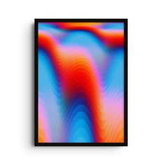 an abstract art print with wavy lines in blue, orange and pink