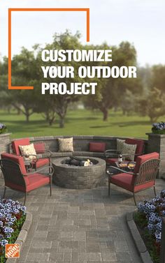 an outdoor fire pit surrounded by chairs and flowers with the words customize your outdoor project