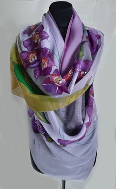 Hand painted silk scarf Purple Orchids . Flower scarf . Flower scarf. Purple grey scarf. Add your personalization. Add a name or short message to the scarf. Floral silk scarf. Scarf inspired by spring. Beautiful oversized flowers in fuchsia and light lavender. This long silk scarf is painted using the cold batik technique. A gift for mom. ► It is recommended to wash only by hand in cold water. Artistic Purple Silk Scarf Gift, Purple Silk Scarf As A Gift, Oversized Flowers, Batik Technique, Scarf Flower, Long Silk Scarf, Hand Painted Gifts, Painted Scarf, Floral Silk Scarf