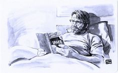 a drawing of a man laying in bed reading a book with the word space on it