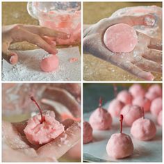 four pictures showing how to make pink jello balls