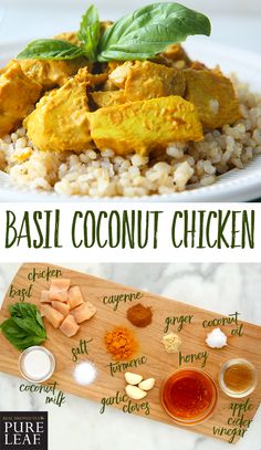 the ingredients to make basil coconut chicken are shown in this collage, including rice and sauces