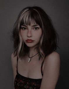 Chunky Hair Color Ideas, Short Brown Hair With Color Underneath, Edgy Haircuts For Long Hair With Bangs, Hair Color Underneath With Bangs, French Bob Money Piece, Black Hair Color With Bangs, Asymmetrical Bleached Hair, Half Brown Half Blonde Hair Split With Bangs, Hair Panels Colored