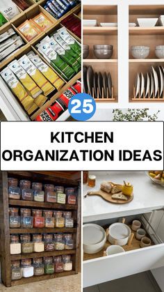 A collage of kitchen organization ideas featuring neatly arranged spice jars, vibrant tea boxes in a drawer, plates organized on shelves, and a rustic display of snacks and pottery. The image captures practical and aesthetic storage solutions for a tidy kitchen.