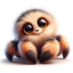 a cute little furry spider sitting on the ground with big eyes and claws spread out