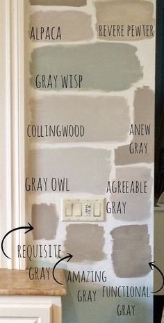 the walls are painted in different shades of gray and white, with words describing how to paint them