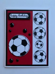 a soccer themed birthday card with black and white balls on the front, and red background