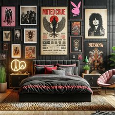 a bedroom decorated in black and pink with posters on the wall, bedding and rugs