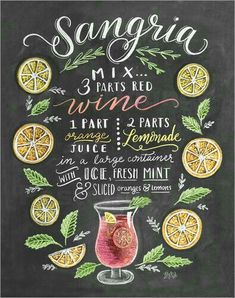 a chalkboard sign with oranges, lemons and wine on it's side