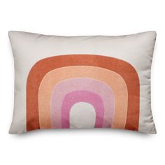 an orange, pink and white pillow with a rainbow design on the front in square shape