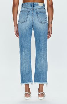 These closet-staple nonstretch-denim jeans are designed with a high waist and sparse distressing. 26" inseam; 17" leg opening; 13" front rise; 16" back rise (size 29) 100% cotton Machine wash, tumble dry Imported Distressed Dark Wash Cropped Jeans In Rigid Denim, Mid-rise Distressed Medium Wash Jeans, Everyday High Rise Distressed Jeans, Ripped Cutoff Flare Jeans In Medium Wash, High Rise Distressed Cropped Jeans In Denim Blue, Distressed Medium Wash Cropped Rigid Denim Jeans, Medium Wash Ripped Cutoff Flare Jeans, Mid-rise Distressed Cropped Jeans In Rigid Denim, Distressed Mid-rise Cropped Jeans In Rigid Denim