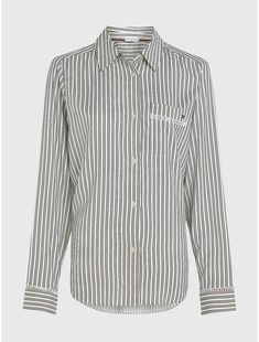 Tommy Hilfiger women's sleepwear. Presenting our pajama shirt in stripes, and spun from soft, silky fabric. Sweet dreams await.  Material: 100% Sustainable Viscose. Classic Tommy Hilfiger Striped Tops, Striped Relaxed Fit Shirt For Loungewear, Striped Cotton Shirt For Loungewear, Tommy Hilfiger Store, Women's Sleepwear, Striped Pyjamas, Silky Fabric, Kids Styles, New Baby Boys