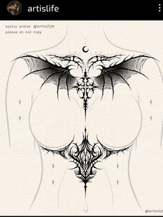 the back of a woman's torso with wings on it, and an artistic tattoo design