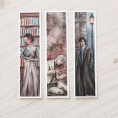 two bookmarks with pictures of people and animals on them, one is holding a book