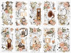 six different images of clocks and flowers on paper with words written in the middle, along with an image of a clock surrounded by roses