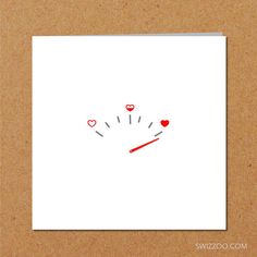 a card with a speedometer drawn on it and hearts in the air next to it