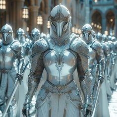 a group of people dressed in silver armor