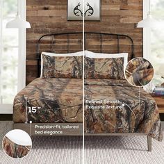 an image of a bed with camo comforter and pillows on the bottom side