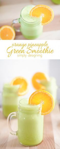 oranges and green smoothie in mason jars on a wooden table with text overlay that reads orange pineapple green smoothie