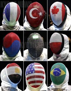 several pictures of different helmets with flags on them