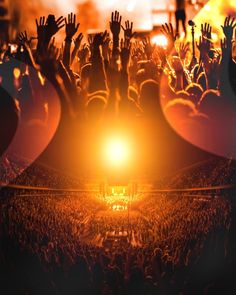 a large group of people at a concert with their hands in the air and lights on