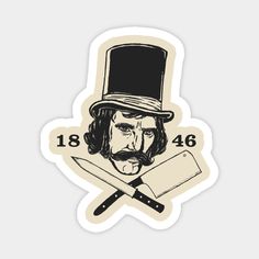 a sticker with an image of a man wearing a top hat and holding a knife