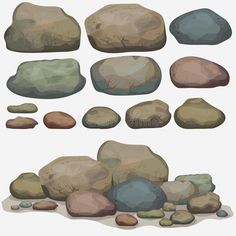 various rocks and stones are shown in this drawing style, including one that looks like it is