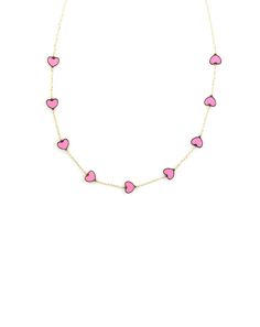 14k Gold Hot Pink Heart Station Necklace Pink Heart-shaped Jewelry With Clavicle Chain, Pink Heart-shaped Clavicle Chain Jewelry, Pink Open Heart Sterling Silver Necklace, Pink Heart Pendant Jewelry With Adjustable Chain, Pink Heart Pendant Clavicle Necklace, Pink Heart Shaped Necklace With Adjustable Chain, Pink Sterling Silver Necklace With Heart Beads, Pink Clavicle Chain Necklace For Valentine's Day, Pink Heart-shaped Sterling Silver Necklace