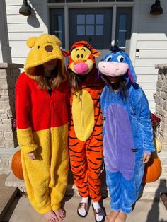 three people in winnie the pooh costumes posing for a photo with one person dressed as tigger