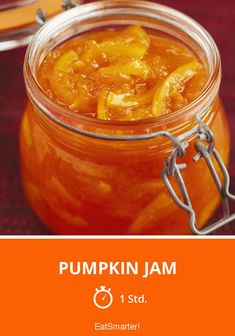 pumpkin jam in a glass jar with orange peels on the side and text overlay that reads pumpkin jam