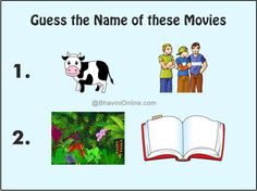 an open book with pictures of people and animals on it, which includes the words guess the name of these movies