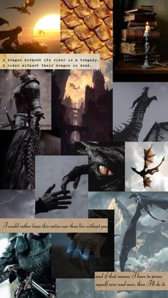 a collage of photos with dragon images and words on them, including an image of a