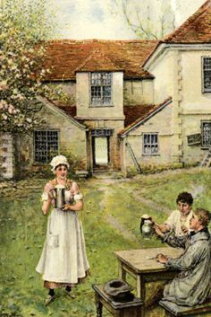 two women sitting at a table in front of a house with an old fashioned tea kettle