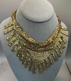 Featuring this beautiful Whiting & Davis gold tone mesh bib necklace. It measures 13" to 16" and is very good vintage condition.  This necklace will be a great addition to your jewelry collection!! Bib Necklaces, Bib Necklace, Jewelry Collection, 1970s, Gold Tones, Etsy Accessories, Jewelry Necklaces, Accessory Gift, Gift Card