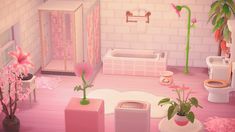 a pink bathroom with flowers and plants in the bathtub, toilet and sink area