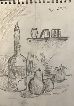 a pencil drawing of two pears and a bottle on a shelf with candles in it