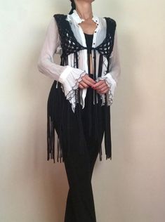 Handmade macrame fringe vest Bohemian Fitted Vest For Party, Fitted Bohemian Vest For Party, Bohemian Party Tops With Fringe, Bohemian Fringe Top For Party, Bohemian Party Top With Fringe, Fall Festival Vest With Fringe, Sleeveless Summer Vest With Tassels, Bohemian Fringe Vest For Spring, Fitted Fringe Vest For Summer