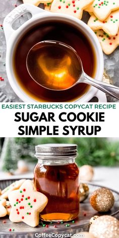 sugar cookie recipe with syrup in a jar and cookies on the plate next to it