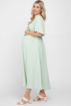 Mint Green Textured Dot Front Tie Ruffle Sleeve Maternity Midi Dress– PinkBlush Maternity Midi Dress, Pink Blush Maternity, Ruffle Sleeves, Maternity Clothes, Empire Waist, Mint Green, Blush Pink, Hand Wash, Midi Dress