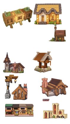 several different types of houses and buildings in pixel art style, including one with a house on