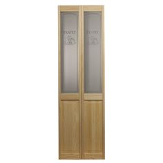 a wooden door with frosted glass on the front and side doors in light wood